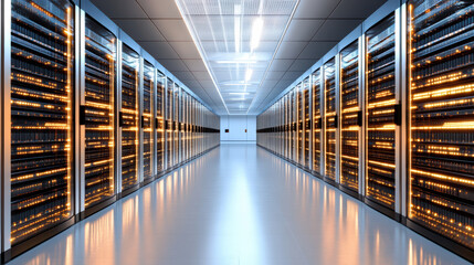 High tech server room with glowing lights and rows of data storage units, showcasing advanced