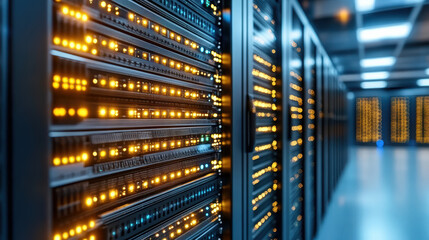 Data center with illuminated server racks showcasing network diagnostics lights