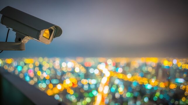 Security camera overlooking a vibrant cityscape at night - Powered by Adobe