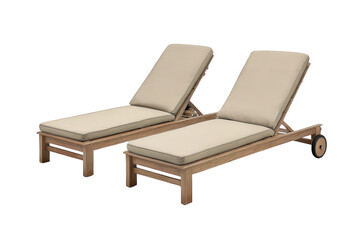 Two wooden lounge chairs with beige cushions isolated on transparent background