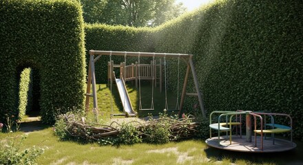 Playground Hidden in a Green Maze: Swings, Slide, and Merry-Go-Round in a Secluded Garden