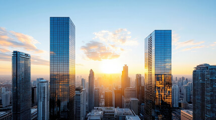Fototapeta premium Stunning city skyline with modern skyscrapers reflecting sunset colors, creating vibrant
