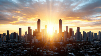 Obraz premium Stunning city skyline with sun setting behind tall buildings, creating vibrant atmosphere