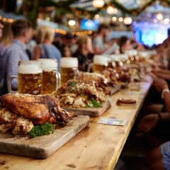 Long wooden communal table at a beer hall, laden with wooden platters of roasted chicken and pretzels, frothy beer steins lined up, festival crowd
