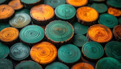 Close-up view of a decorative arrangement of colorful wooden discs, showcasing vibrant teal and orange hues, with intricate wood grain patterns.