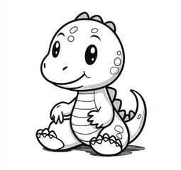 Cute cartoon dinosaur toy coloring page for kids, baby dragon sitting with thick black outline in simple vector line art style on white background