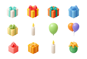 Colorful gift boxes, candles, and balloons, arranged in a grid.  Each item has a 3D effect, vibrant colors, and simple design