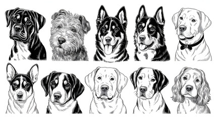 Collection of ten distinct dog portraits, each rendered in a detailed black and white sketch style, showcasing a variety of breeds and expressions, isolated on white background