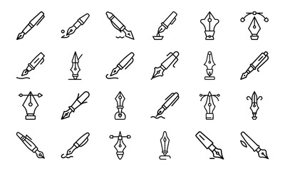 Collection of Fountain Pen and Nib Line Icons Representing Writing Tools, Calligraphy Pens, Ink Pen Tips, Graphic Design Tools, and Minimal Stationery Symbols in Outline Vector Style