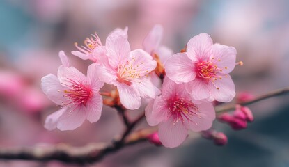 Fototapeta premium Close-up of delicate, pastel pink cherry blossoms