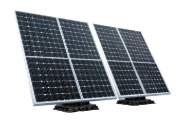 Two solar panels, angled, mounted on adjustable bases