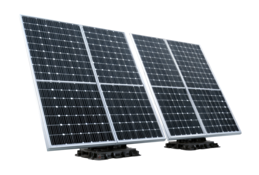 Two solar panels, angled, mounted on adjustable bases