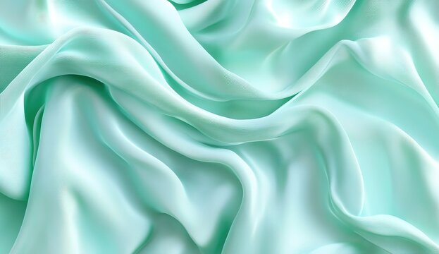 Mint green abstract background with soft waves of fabric for elegant presentation design, light blue and white color scheme, vector illustration, digital art style, close-up shot