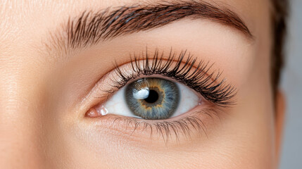 Obraz premium Close up of beautiful eye with long eyelashes and vibrant blue iris, showcasing delicate
