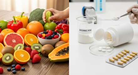 Fresh Fruits and Vitamin C Supplements: A Healthy Lifestyle Concept