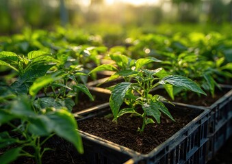 Young chili plants in rows of dark plastic trays, bathed in morning sun