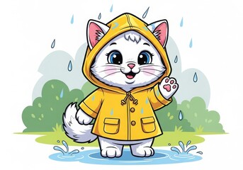 Adorable white kitten in yellow raincoat enjoys a rainy day