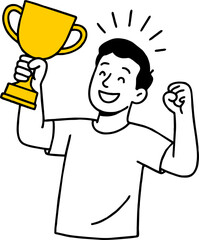 Business man champion golden winner cup. Award prize, win award. Business success, goal achievement celebration.  vector people character illustration. Leadership, archievement, winning award trophy
