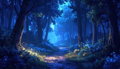 Fototapeta premium A mystical path winds through a vibrant blue forest at night, illuminated by ethereal light.