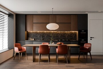 Modern dining room and open-kitchen with reddish-orange chairs and a dark marble backsplash. 3D render.