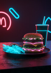 Neon Lights Fast Food Indulgence Retro Aesthetic Diner Vibe