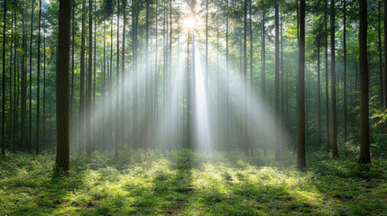 Naklejka premium Sun rays piercing through trees in serene forest, creating tranquil atmosphere