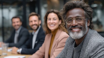 Smiling entrepreneur at business meeting with diverse colleagues in modern office at night, looks directly at the camera