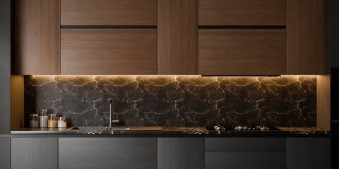 Modern dining room and open-kitchen with reddish-orange chairs and a dark marble backsplash. 3D render.