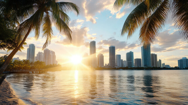 Sunset over city skyline with palm trees reflecting on water, creating serene atmosphere