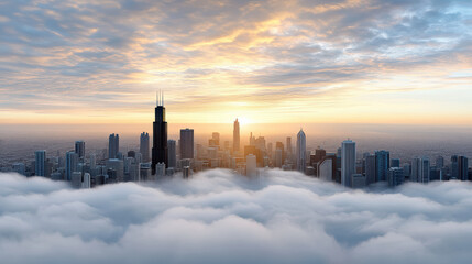 Aerial cityscape view at sunrise with fog rolling over skyscrapers, creating serene atmosphere