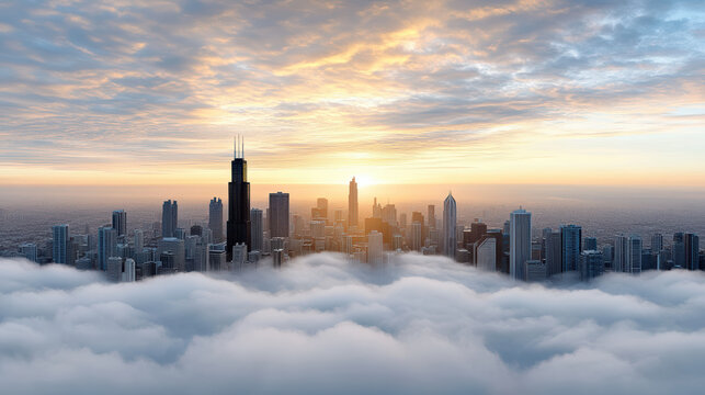 Aerial cityscape view at sunrise with fog rolling over skyscrapers, creating serene atmosphere - Powered by Adobe