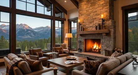 Cozy Mountain Lodge Interior with Fireplace, Windows, and Scenic Views