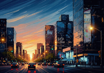 Fototapeta premium Impressionistic cityscape at dusk with dramatic sky and glowing lights