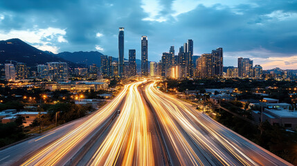 Fototapeta premium City skyline, night lights, traffic trails, urban landscape, modern architecture, vibrant colors
