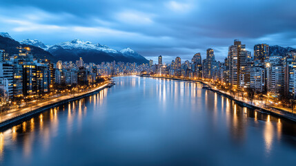 Fototapeta premium Vibrant city skyline reflecting calm river dusk, surrounded by mountains and illuminated