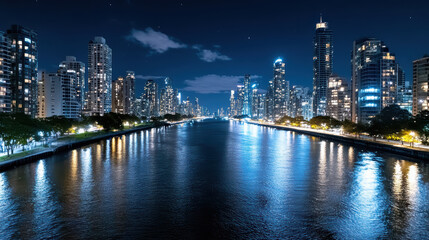 Naklejka premium City skyline night reflecting calm river, showcasing vibrant lights and modern architecture