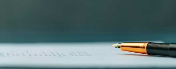 Fountain pen resting on financial document for business and writing concept
