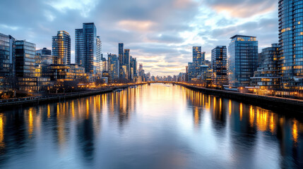 Fototapeta premium City skyline, river, sunset, reflections, modern architecture, urban landscape, tranquil scene