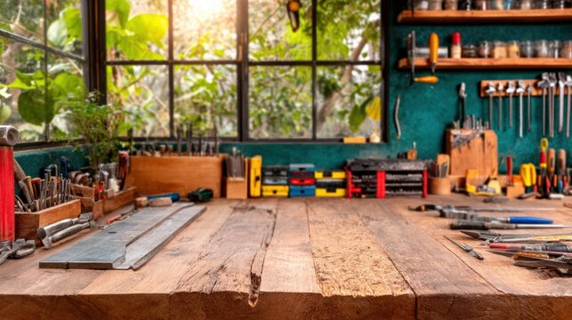 Workspace filled with tools and natural light in a craft room
