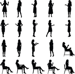 Silhouette of professional woman, standing and sitting poses, female gesture collection, businesswoman silhouette, elegant posture, black shadow, isolated figure