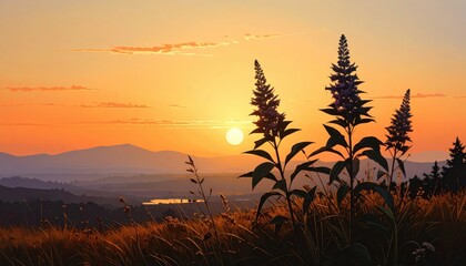 Obraz premium A vibrant sunset paints the mountain landscape, with tall plants silhouetted against the warm colors of the sky.