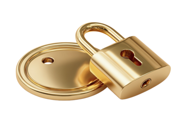 Gold padlock and circular plate, security concept