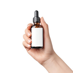 A hand holds a small amber glass dropper bottle with a blank white label (1)