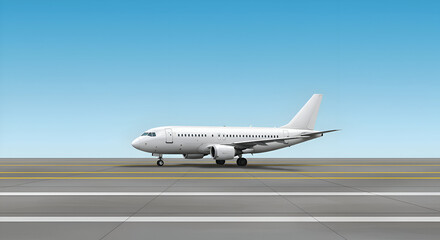 White passenger jet on airport tarmac under clear sky. Stationary plane on runway with clear skies above.