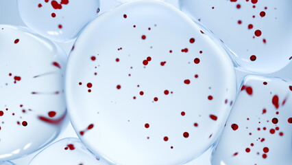 Red droplets float within a clear liquid, creating a captivating contrast and highlighting the unique textures and forms of each droplet, resembling a scientific study. 3d render