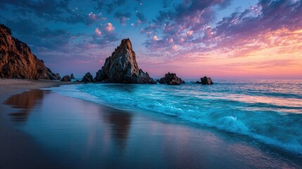Dramatic coastal sunset. Rocky outcrop at beach's edge