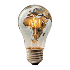 A vintage-style lightbulb, glowing brightly, with a world map imprinted inside