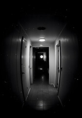 Dark Hallway, Doors, Lighting, Interior, Black and White, Perspective, Architectural Details