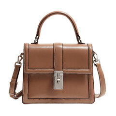 Beige leather handbag with top handles and a shoulder strap.  Features a structured, boxy design and a lock