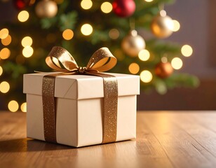 Gift box on a wooden table, festive Christmas background